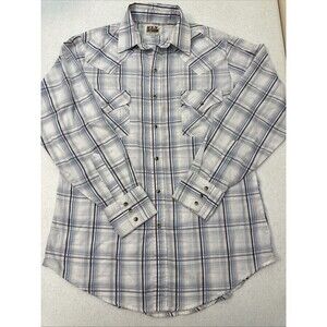 Ely Cattleman Pearl Snap Button Long Sleeve Blue Plaid Western Shirt Medium